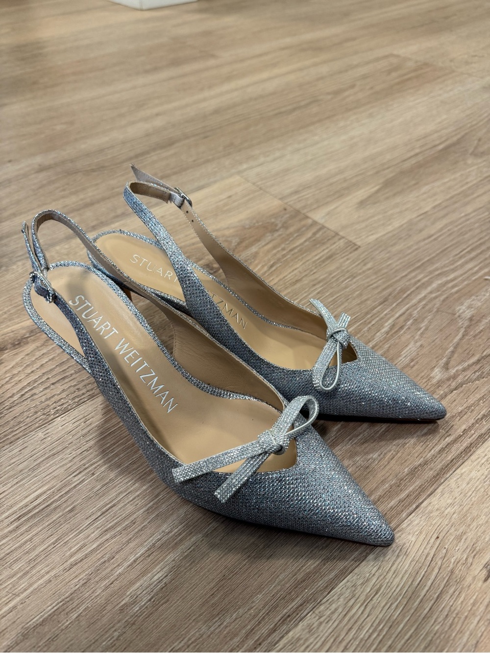 Stuart Weitzman Glittered Silver Slingback Bow Pointed Pumps